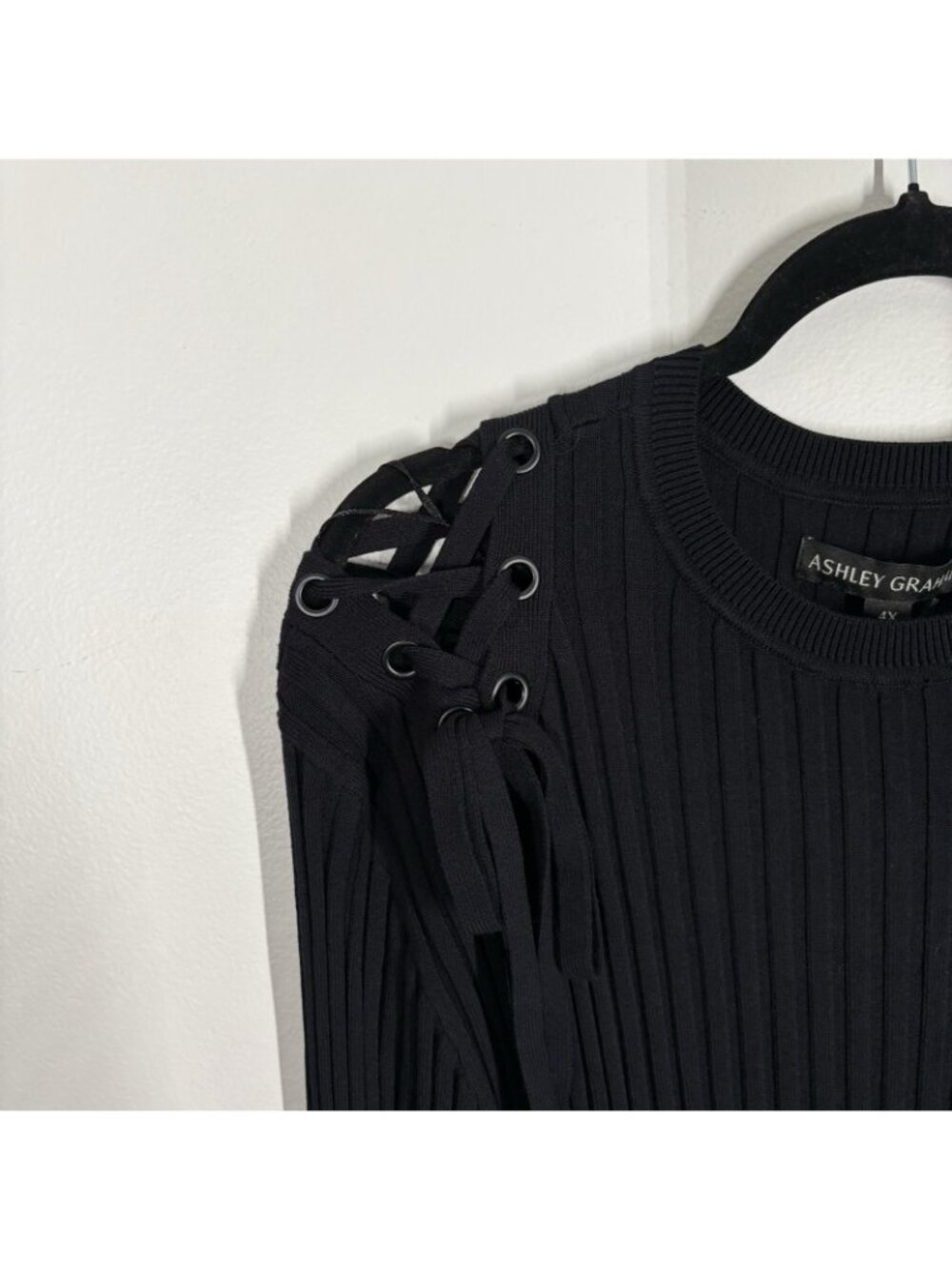 Ashley Graham Women 5X Black Ribbed Lace Up Long Sleeve Mini Sweater Dress NWT - Picture 9 of 14